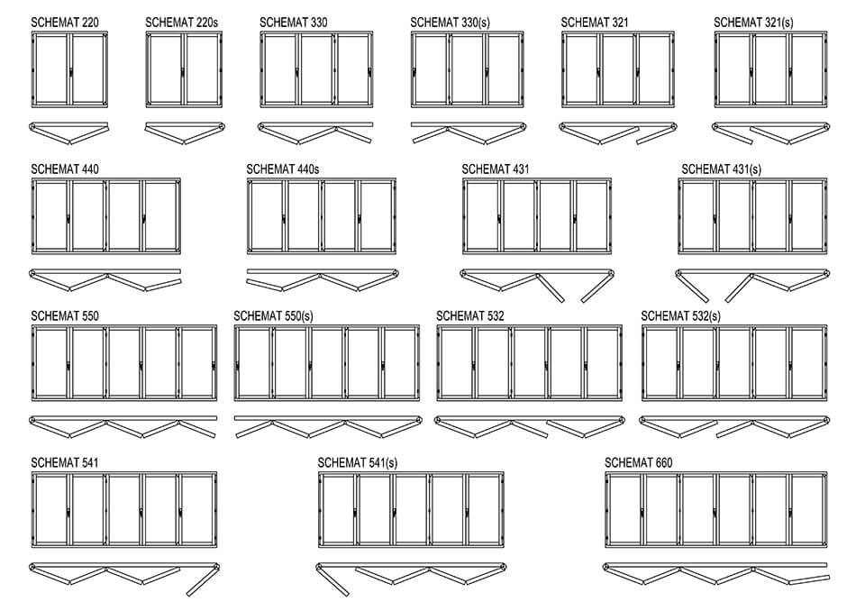 Diagrams for opening wooden-aluminum folding doors.