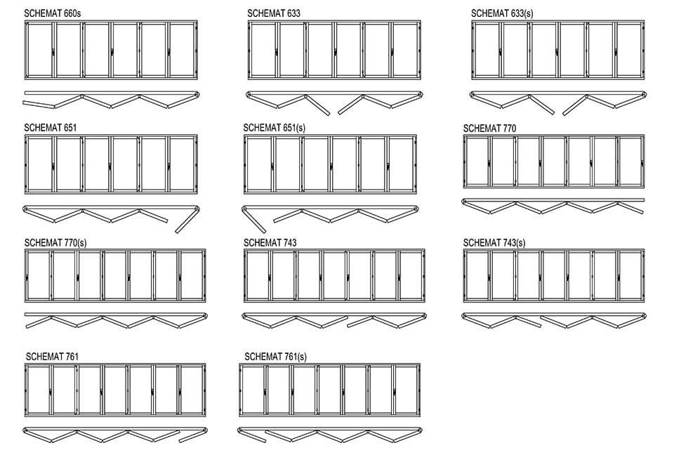 Variants of wooden and aluminum folding doors.